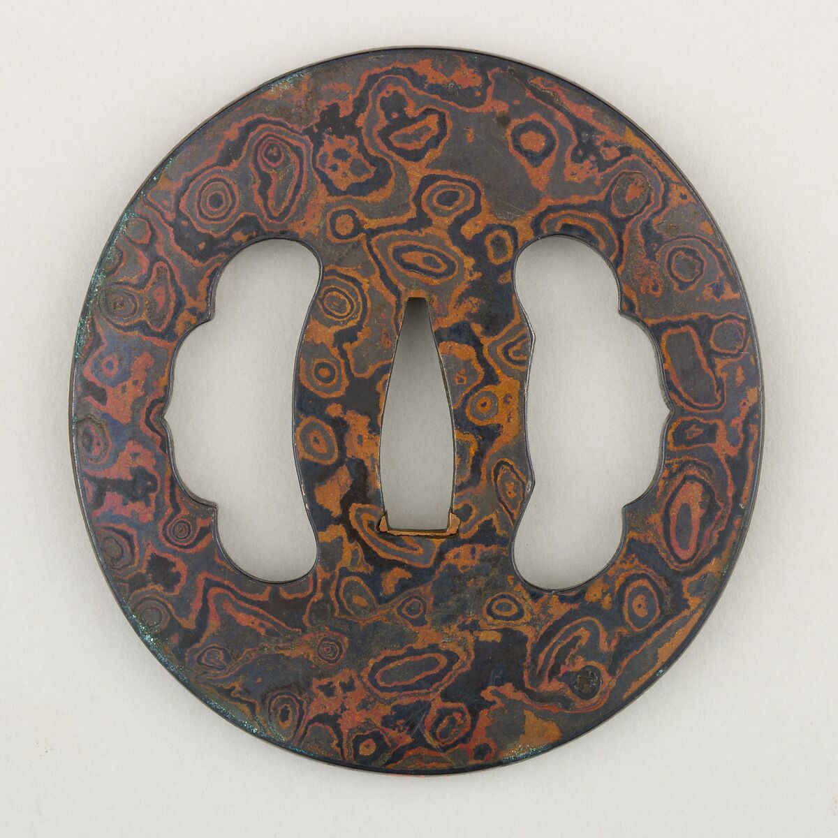 Sword Guard (Tsuba), Metal laminate (mokume-gane), iron, copper-gold alloy (shakudō), copper, Japanese