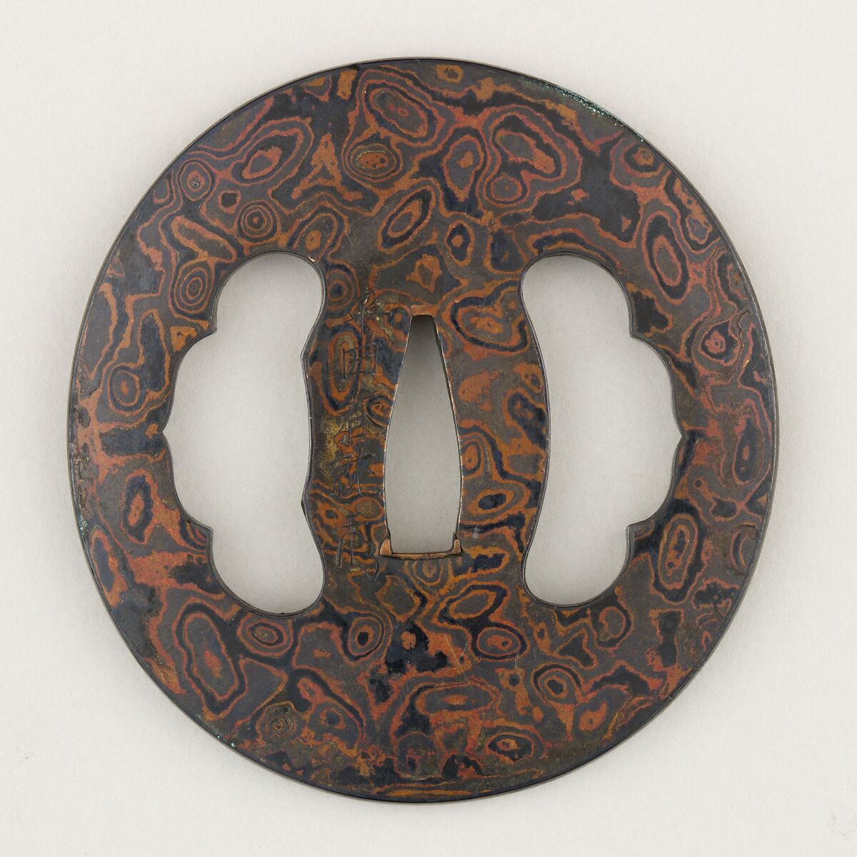 Sword Guard (Tsuba), Metal laminate (mokume-gane), iron, copper-gold alloy (shakudō), copper, Japanese