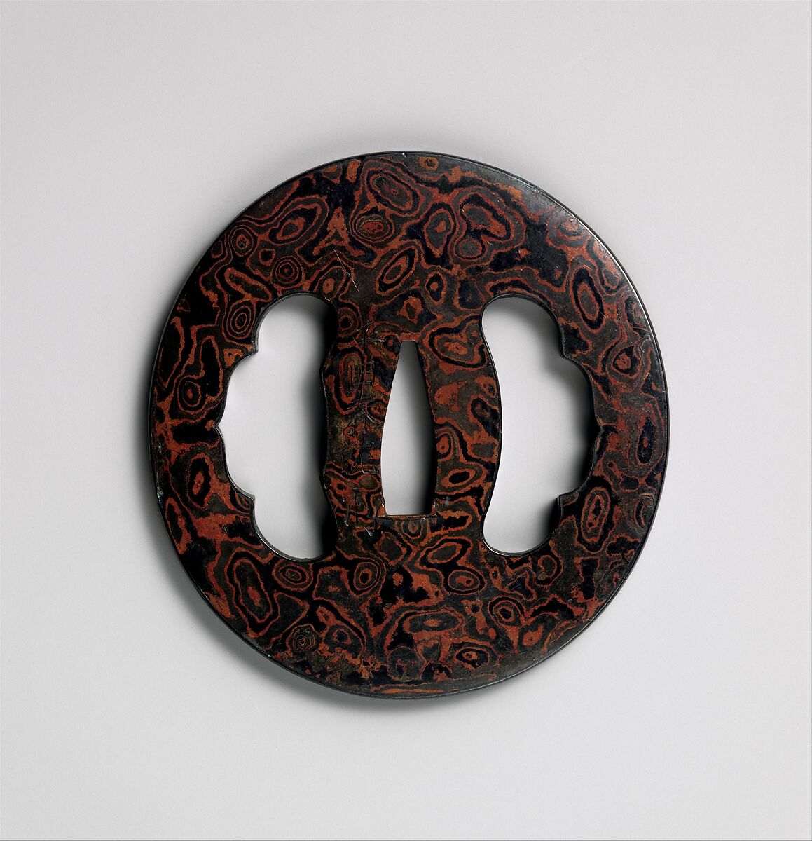 Sword Guard (Tsuba), Metal laminate (mokume-gane), iron, copper-gold alloy (shakudō), copper, Japanese 