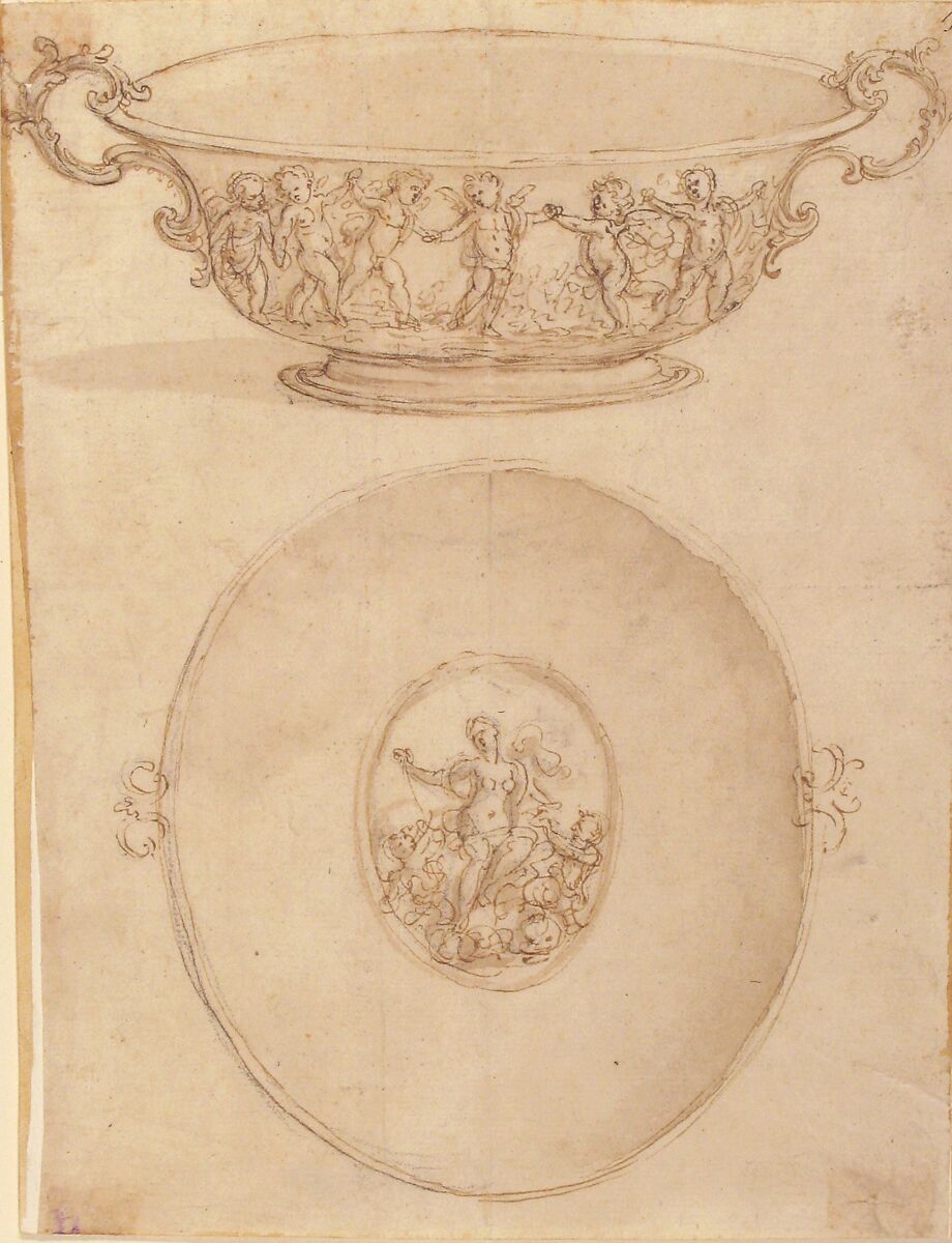 Two Views of a Design for a Shallow (Drinking?) Bowl wih Handles, Giovanni Battista Foggini (Italian, Florence 1652–1725 Florence), Pen and brown ink, brush and light brown wash, over black chalk