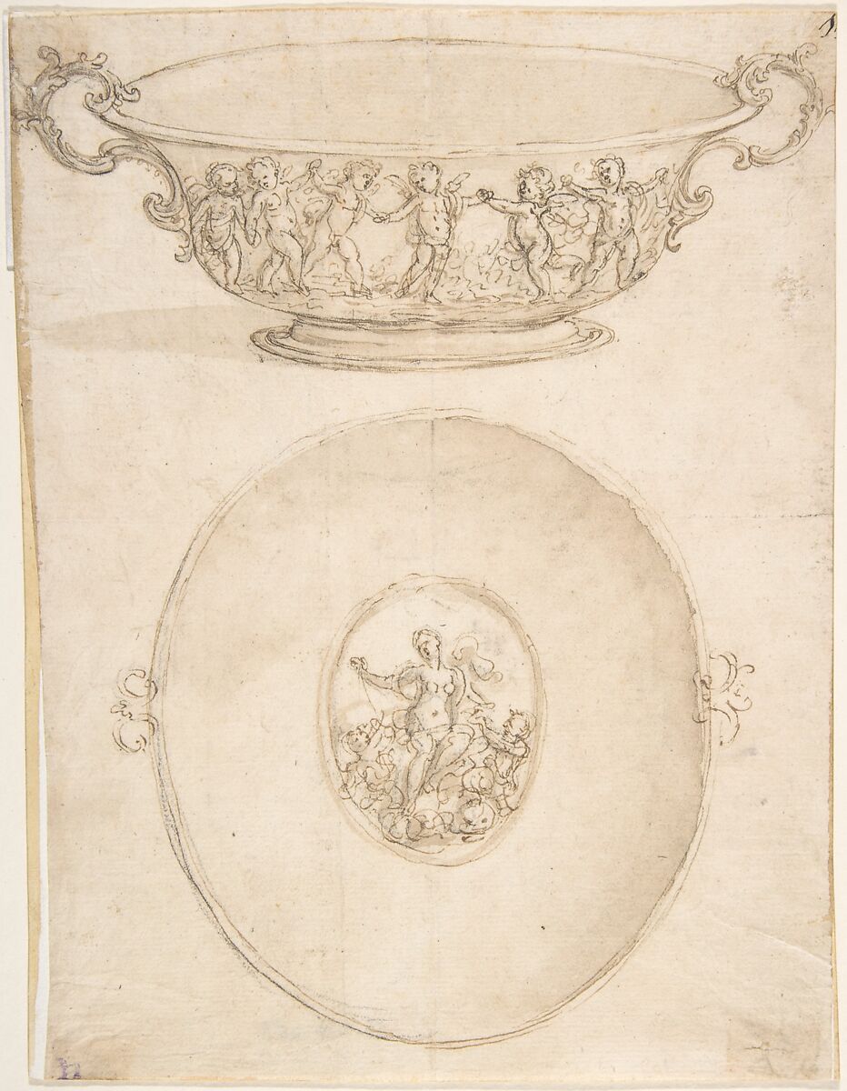 Two Views of a Design for a Shallow (Drinking?) Bowl wih Handles, Giovanni Battista Foggini (Italian, Florence 1652–1725 Florence), Pen and brown ink, brush and light brown wash, over traces of black chalk 