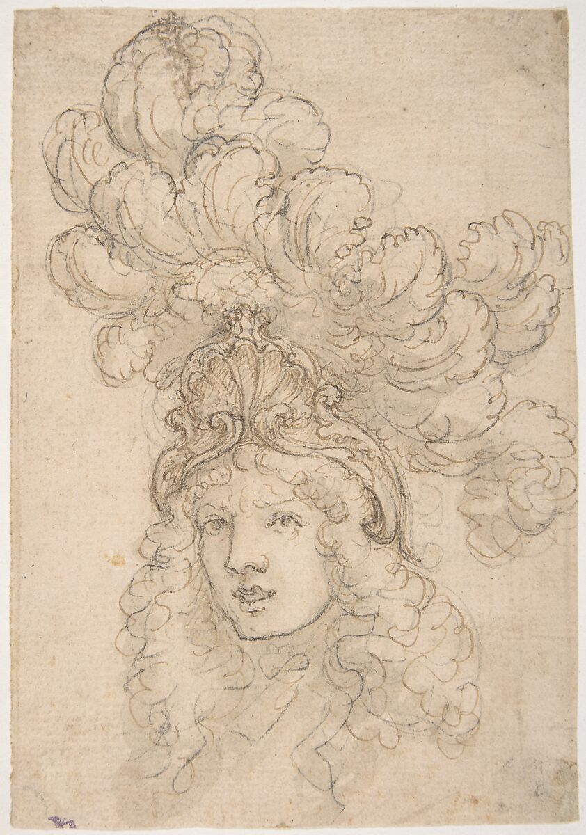 View in 3/4 of a Design for a Headpiece Decorated with a Shell and Large Plume, Giovanni Battista Foggini (Italian, Florence 1652–1725 Florence), Pen and brown ink, brush and light brown wash over traces of black chalk 