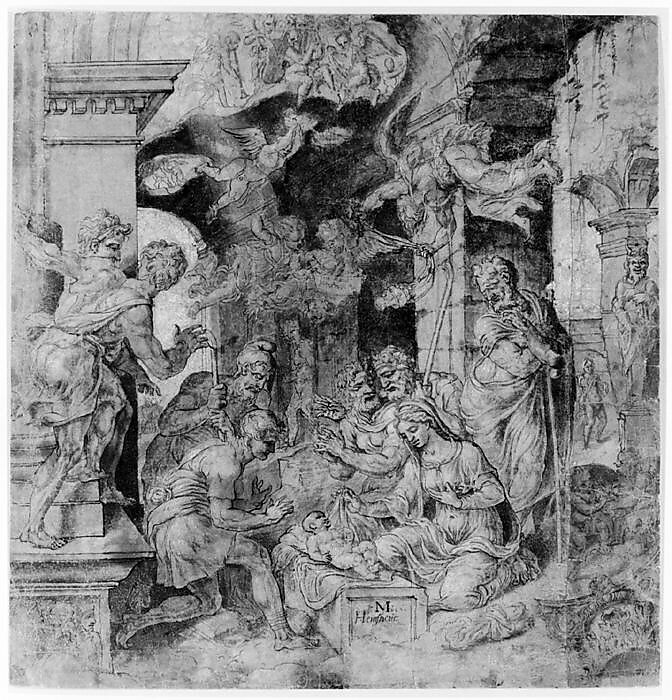 The Adoration of the Shepherds (recto); Sketches (verso), Maarten van Heemskerck (Netherlandish, Heemskerck 1498–1574 Haarlem), Pen and two hues of brown ink, brush and brown-gray wash, heightened with white gouache (recto); black chalk (verso)