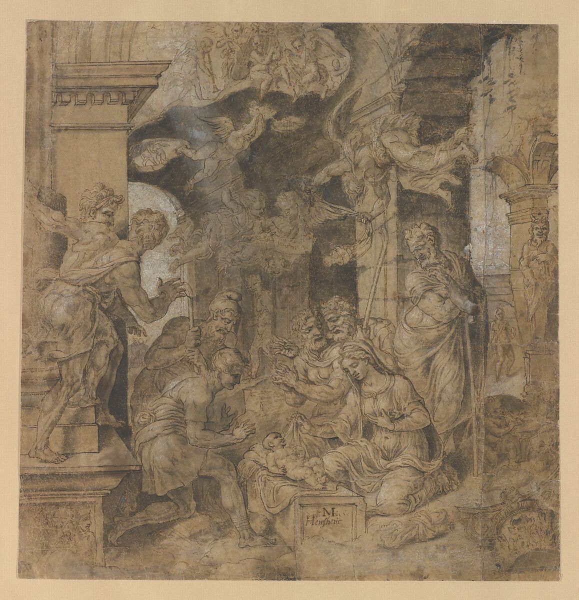 The Adoration of the Shepherds; verso: Sketches, Maarten van Heemskerck (Netherlandish, Heemskerck 1498–1574 Haarlem), Pen and two hues of brown ink, brown-gray wash, heightened with white gouache; verso: black chalk 