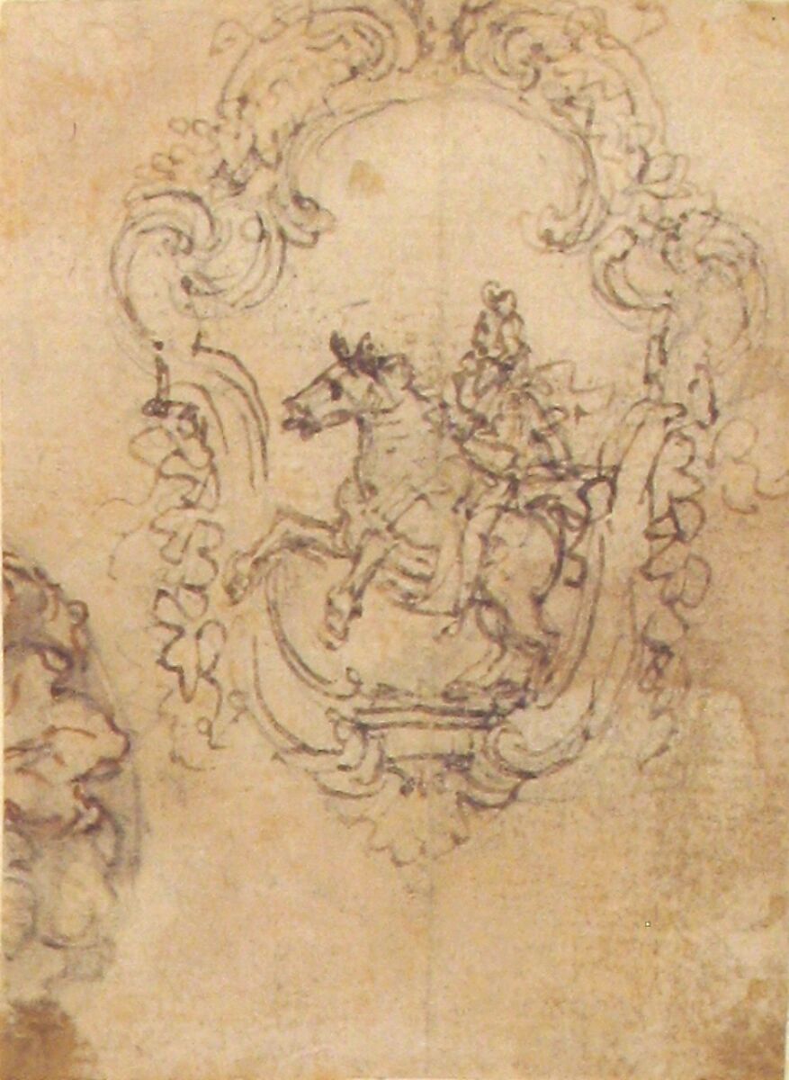 Design for an Equestrian Statue in a Cartouche (recto); Sketches for a Frieze with Sea-Shells and Floral Ornament (verso), Giovanni Battista Foggini (Italian, Florence 1652–1725 Florence), Pen and brown ink, over black chalk (recto); pen and brown ink, over black chalk (verso)