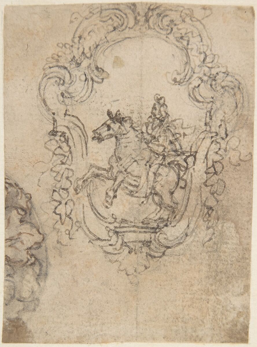 Design for an Equestrian Statue in a Cartouche (recto); Sketches for a Frieze with Sea-Shells and Floral Ornament (verso)., Giovanni Battista Foggini (Italian, Florence 1652–1725 Florence), Pen and brown ink, over traces of black chalk; verso: Pen and brown ink, over traces of black chalk 