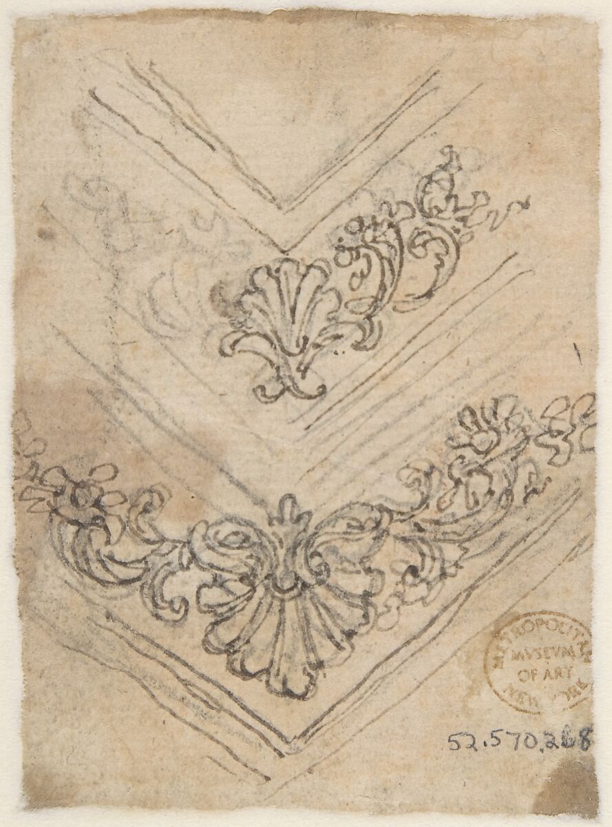 Design for an Equestrian Statue in a Cartouche (recto); Sketches for a Frieze with Sea-Shells and Floral Ornament (verso), Giovanni Battista Foggini (Italian, Florence 1652–1725 Florence), Pen and brown ink, over black chalk (recto); pen and brown ink, over black chalk (verso)