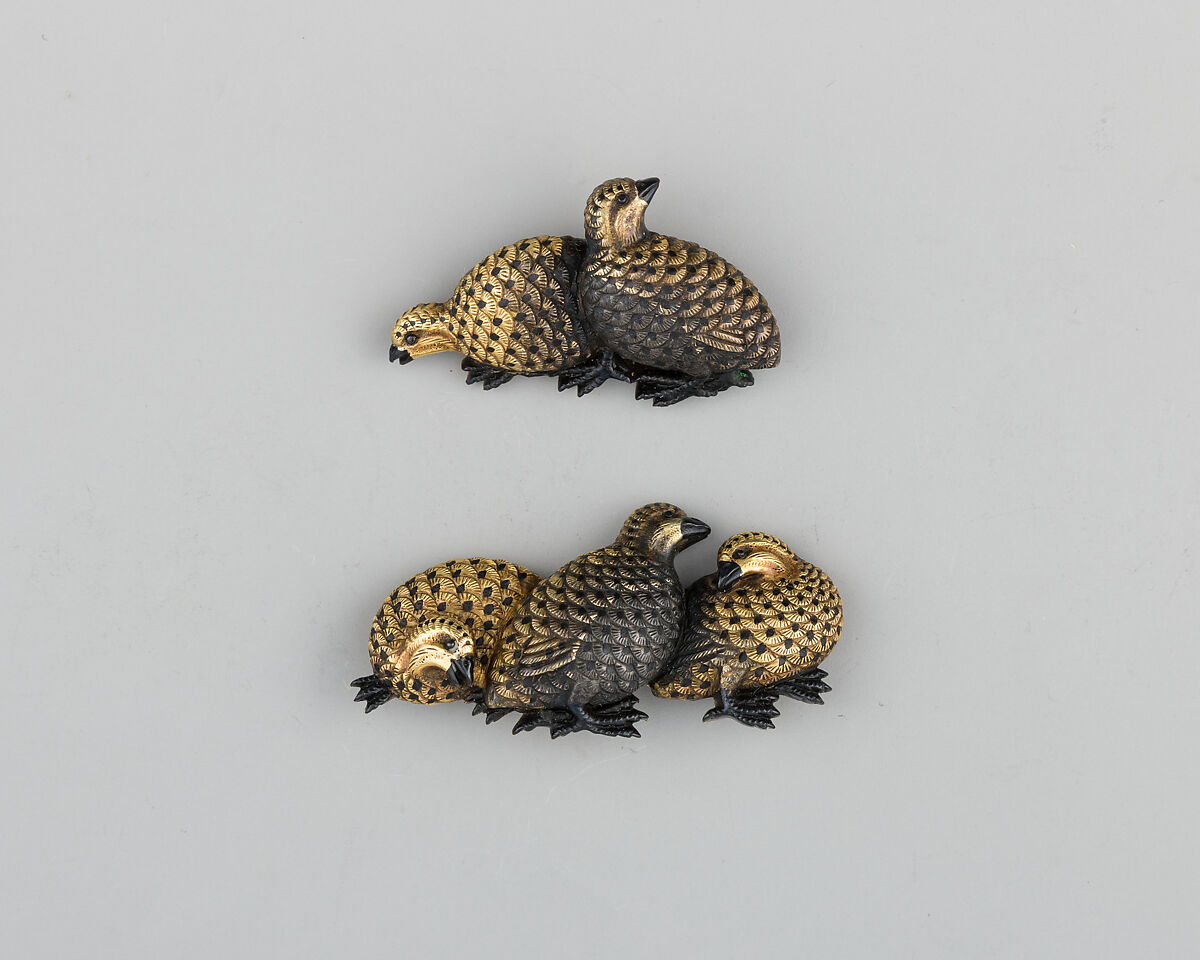 Pair of Sword-Grip Ornaments (Menuki), Inscribed by Osozuka Hisanori (Japanese, Edo period, active 19th century), Gold, copper-gold alloy (shakudō), Japanese 