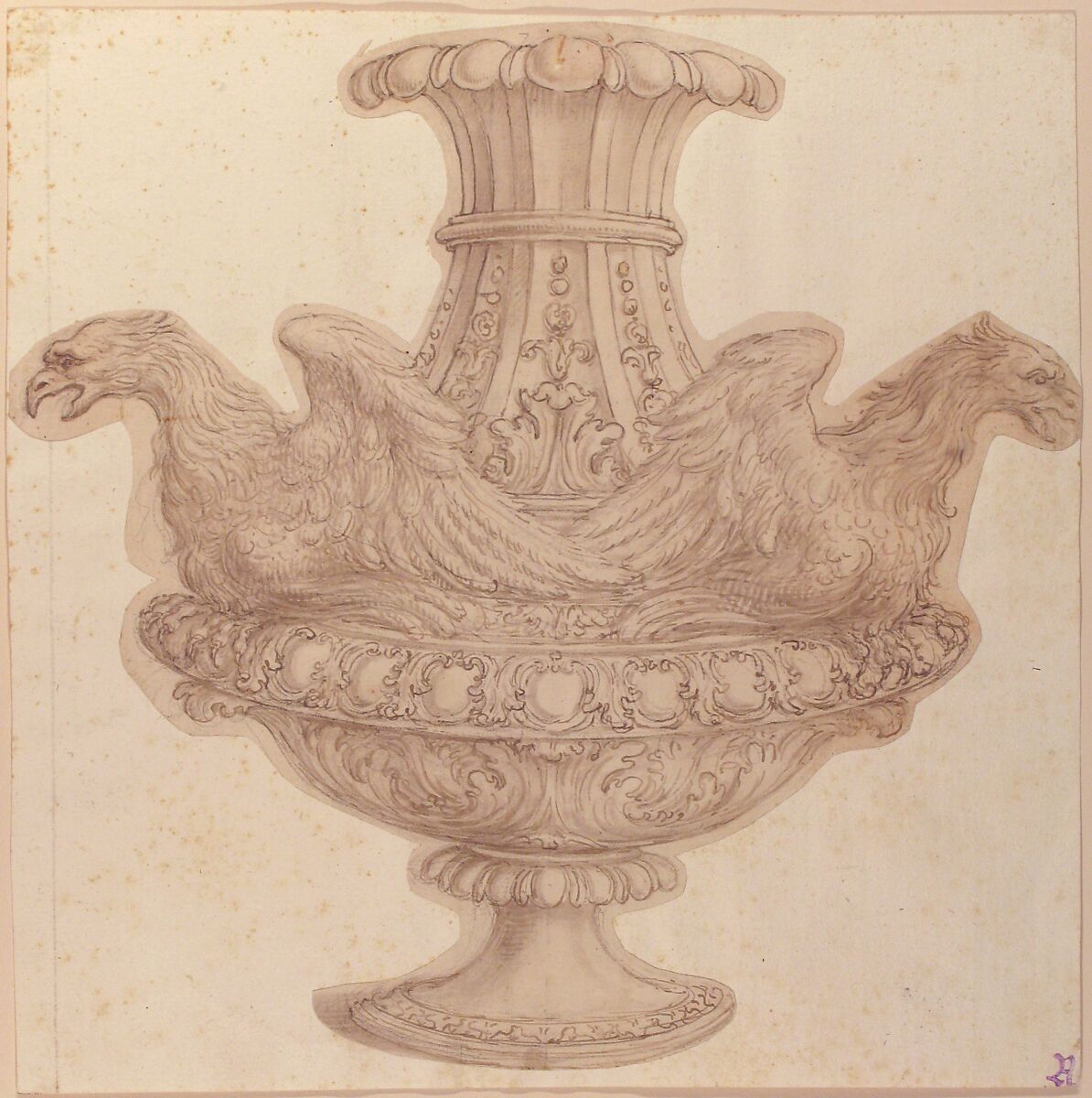 Design for Vase with Eagles, Giovanni Battista Foggini (Italian, Florence 1652–1725 Florence), Pen and brown ink, brush and gray wash, over black chalk; a vertical line in leadpoint through the center to create the symmetry of the drawing