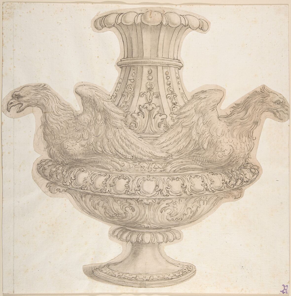 Design for Vase with Eagles, Giovanni Battista Foggini (Italian, Florence 1652–1725 Florence), Pen and brown ink, brush and gray wash, over traces of black chalk. A vertical line in leadpoint through the center to create the symmetry of the drawing 