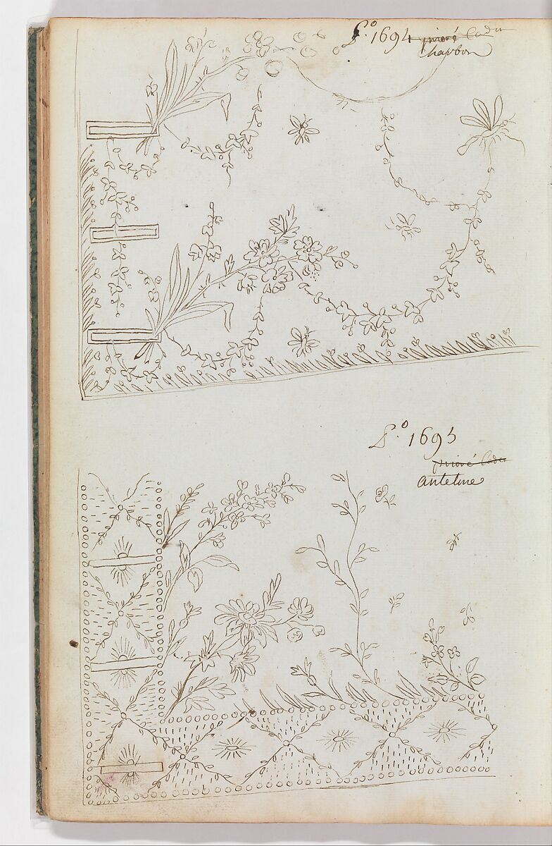 Scrapbook of Designs for Embroidered Waistcoats, Fabrique de Saint Ruf  , Lyon, Pen and ink