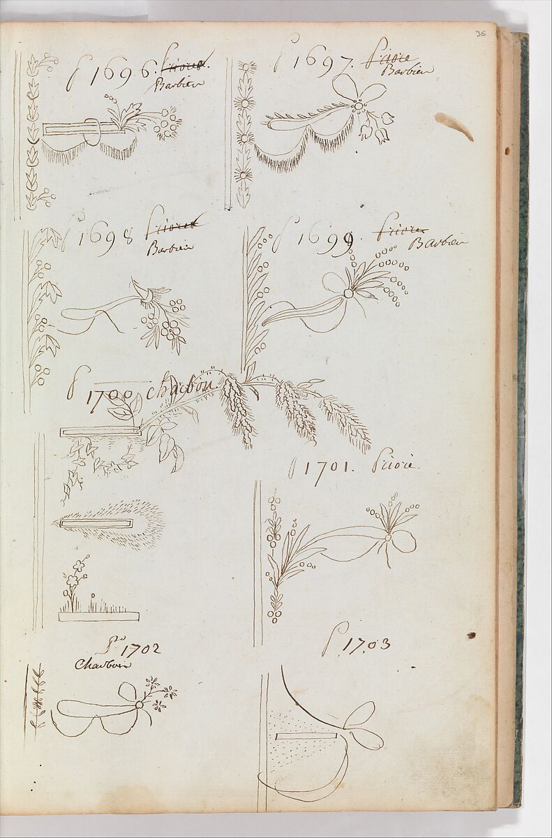 Scrapbook of Designs for Embroidered Waistcoats, Fabrique de Saint Ruf  , Lyon, Pen and ink