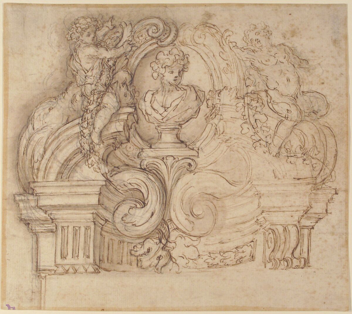 Design for an Overdoor or the Top of a Niche with a Bust and Garland-bearing Putti, Giovanni Battista Foggini (Italian, Florence 1652–1725 Florence), Pen and brown ink, brush and gray-brown wash, over black chalk
