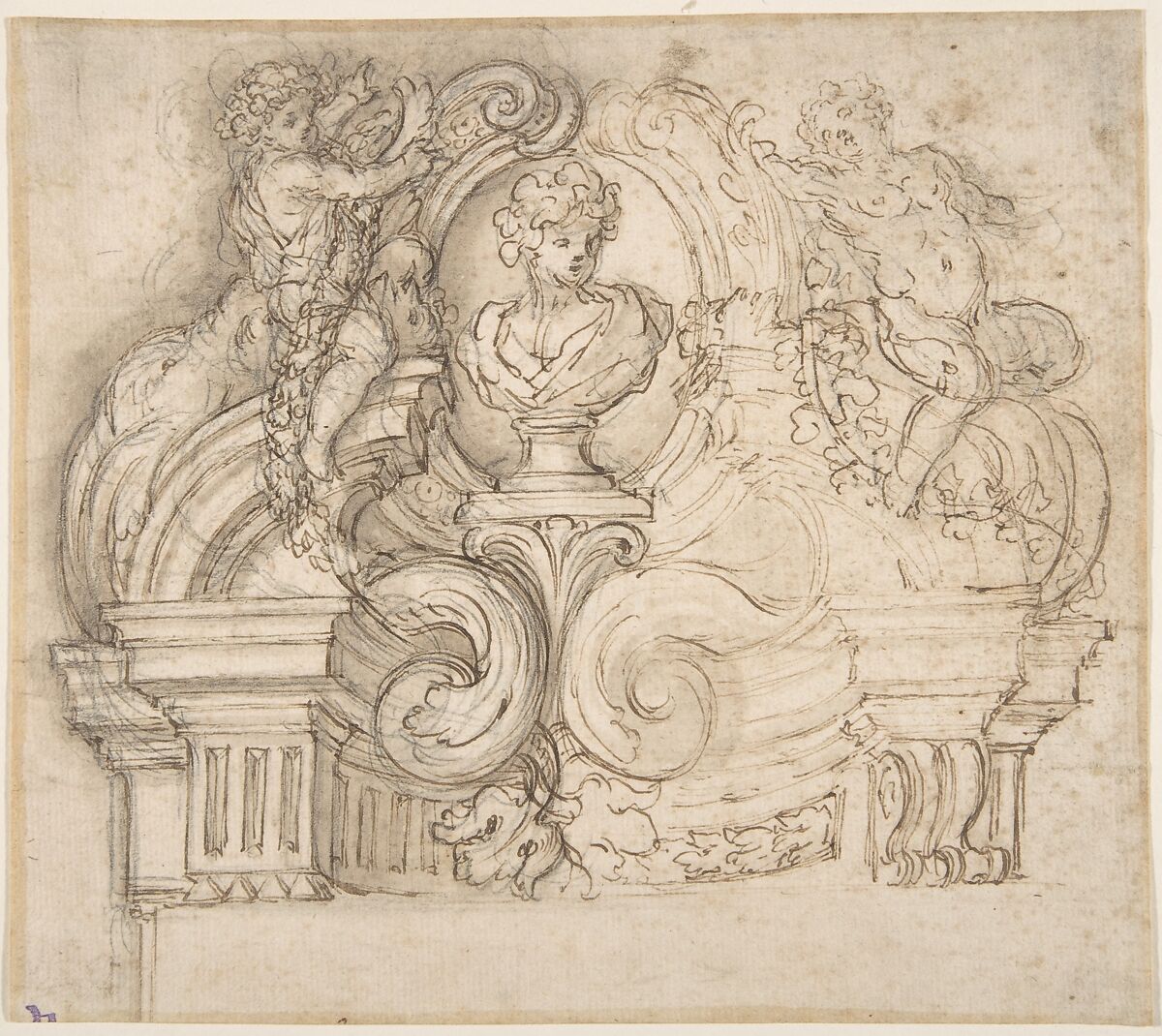 Design for an Overdoor or the Top of a Niche with a Bust and Garland-bearing Putti, Giovanni Battista Foggini (Italian, Florence 1652–1725 Florence), Pen and brown ink, brush and gray-brown wash, over traces of black chalk 