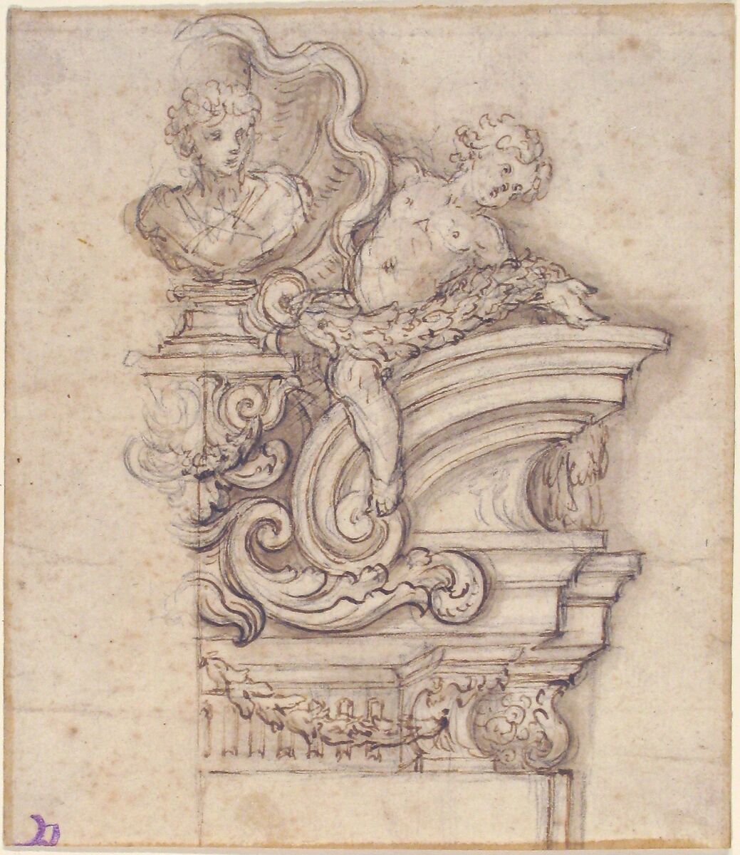 Design for the Right Half of an Overdoor Decoration with a Bust, Giovanni Battista Foggini (Italian, Florence 1652–1725 Florence), Pen and brown ink, brush and gray-brown wash; a vertical graphite line through the center of the design