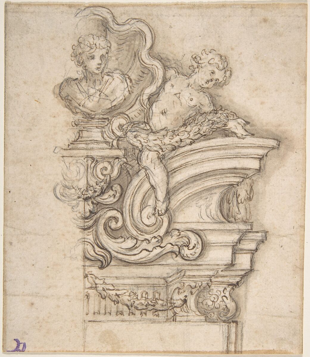 Design for the Right Half of an Overdoor Decoration with a Bust, Giovanni Battista Foggini (Italian, Florence 1652–1725 Florence), Pen and brown ink, brush and gray-brown wash. A vertical graphite line through the center of the design 