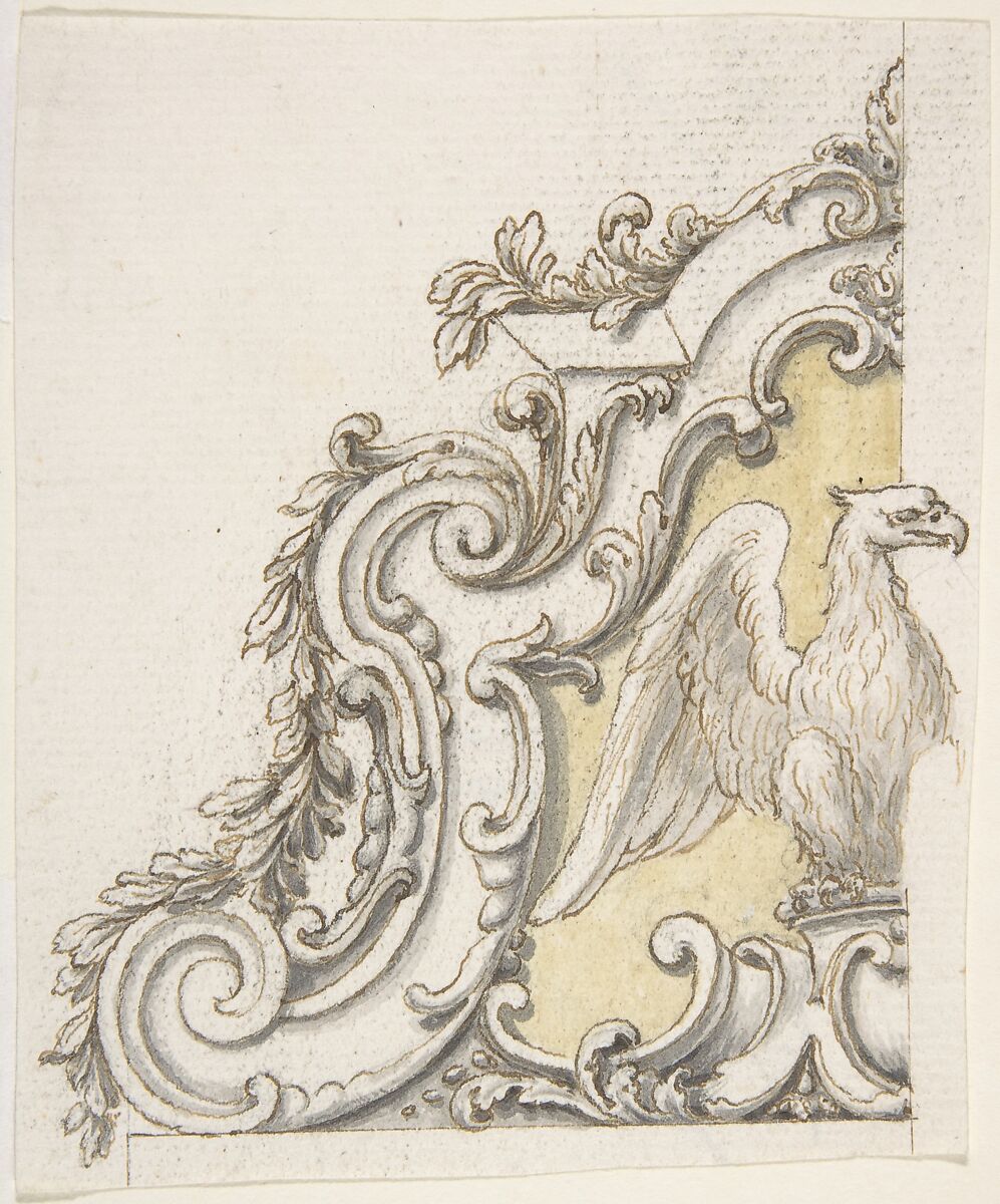 Design for a Sculptural Ornament With an Eagle, Volutes and Leaves, Giovanni Battista Foggini (Italian, Florence 1652–1725 Florence), Pen and brown ink, with brush and gray and yellow wash 