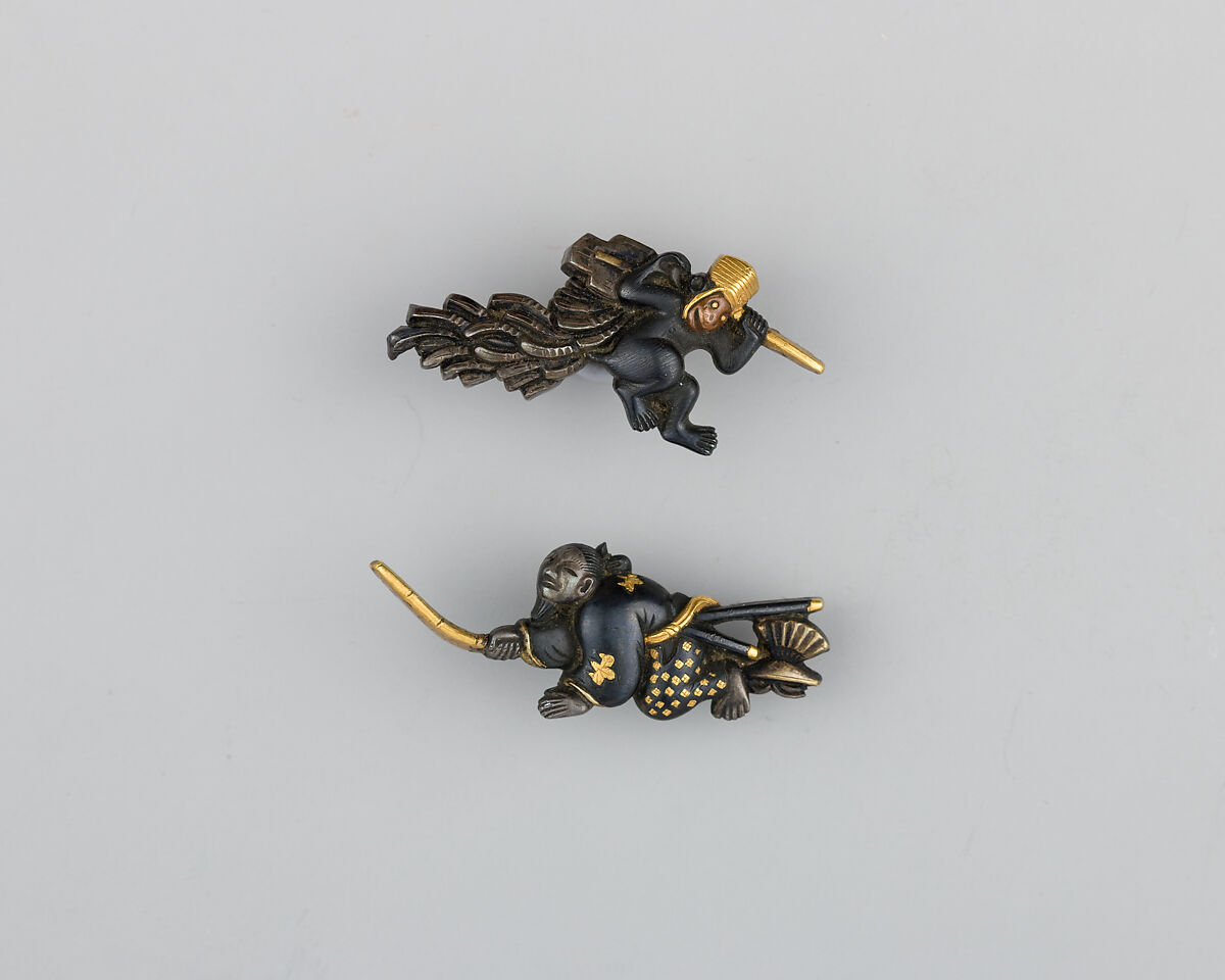 Pair of Sword-Grip Ornaments (Menuki), Copper-gold alloy (shakudō), gold, silver, copper, Japanese 