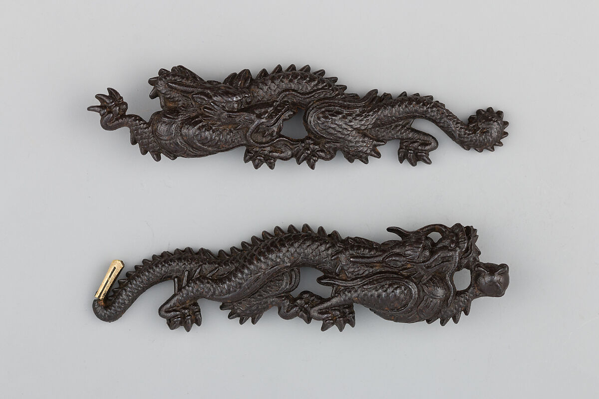 Pair of Sword-Grip Ornaments (Menuki), Iron, copper-silver alloy (shibuichi), gold, Japanese 