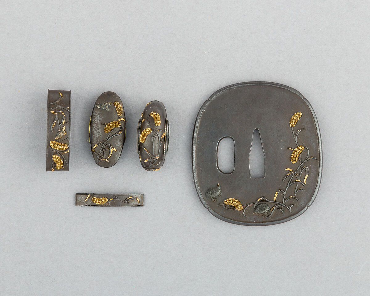 Set of Sword Fittings (Mitokoromono), Inscribed by Ginshōtei Tōmei (Japanese, 1817–1870), Iron, gold, copper-silver alloy (shibuichi), Japanese 