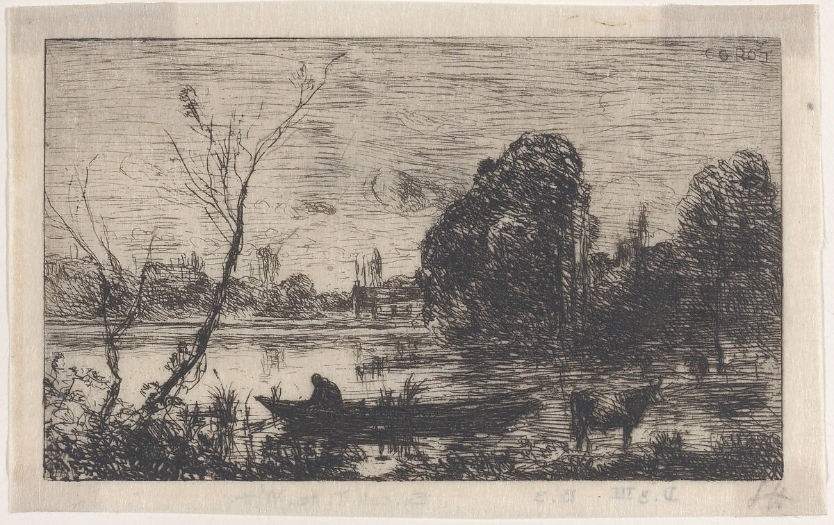 Ville d'Avray: Boatman on a Pond (Evening Effect), Camille Corot (French, Paris 1796–1875 Paris), Etching; third state of three 