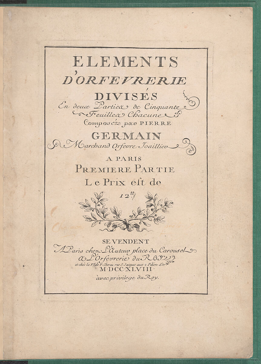 Elements d'Orfevrerie Divisés en deux Parties de Cinquante Feuilles, Pierre Germain (French, Villeneuve-lès-Avignon 1703–1783 Paris), Etching 