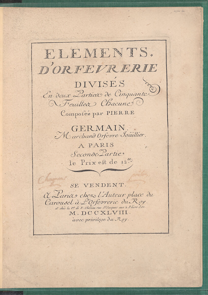 Elements d'Orfevrerie Divisés en deux Parties de Cinquante Feuilles, Pierre Germain (French, Villeneuve-lès-Avignon 1703–1783 Paris), Etching
