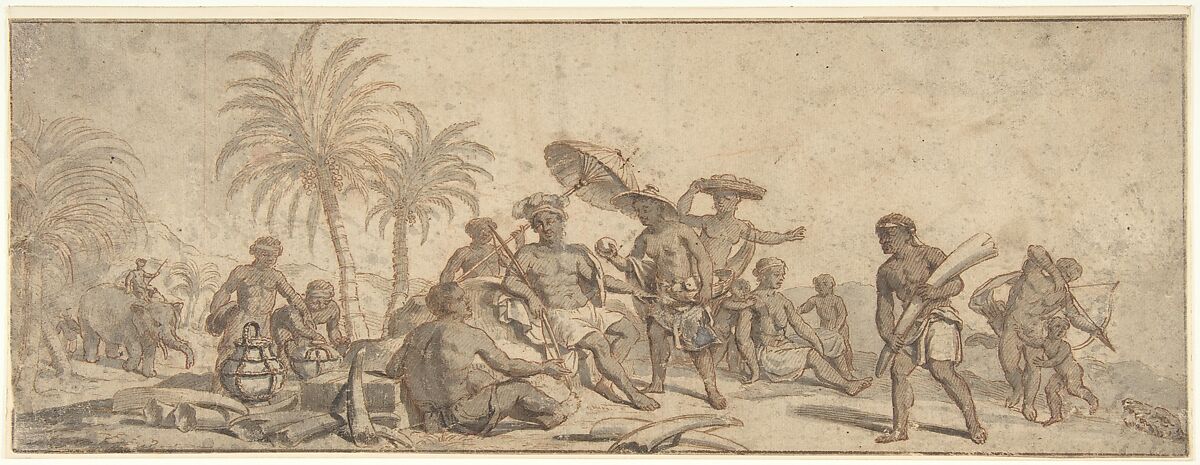 Scene of Africa (Allegory?), Ascribed to Pieter Jacobsz. van Laer (Dutch, Haarlem ca. 1592/95–1642 (?) Haarlem), Pen and brown ink, brush and gray wash, traces of red chalk; framing lines in pen and brown ink 