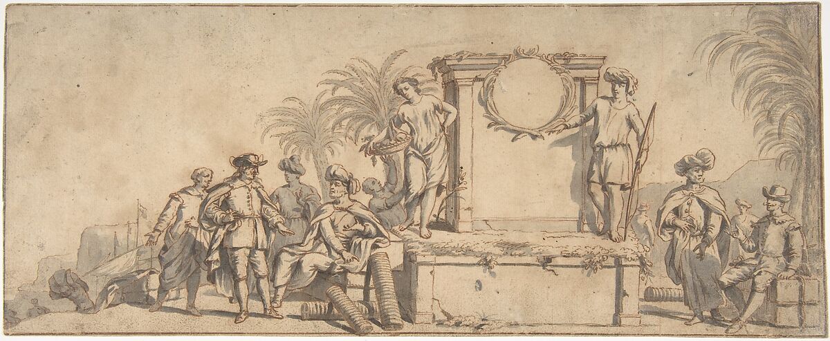 Europeans Engaging in Commerce and Trade in Asia, Ascribed to Pieter Jacobsz. van Laer (Dutch, Haarlem ca. 1592/95–1642 (?) Haarlem), Pen, brown ink, and gray wash on paper, framing line in pen and brown ink. 