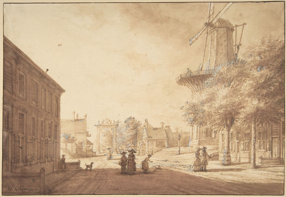Entrance to The Hague from the South East, Jacob Elias La Fargue (Dutch, Voorburg 1735–?1776), Pen and brown ink, wash, heightened with white gouache 