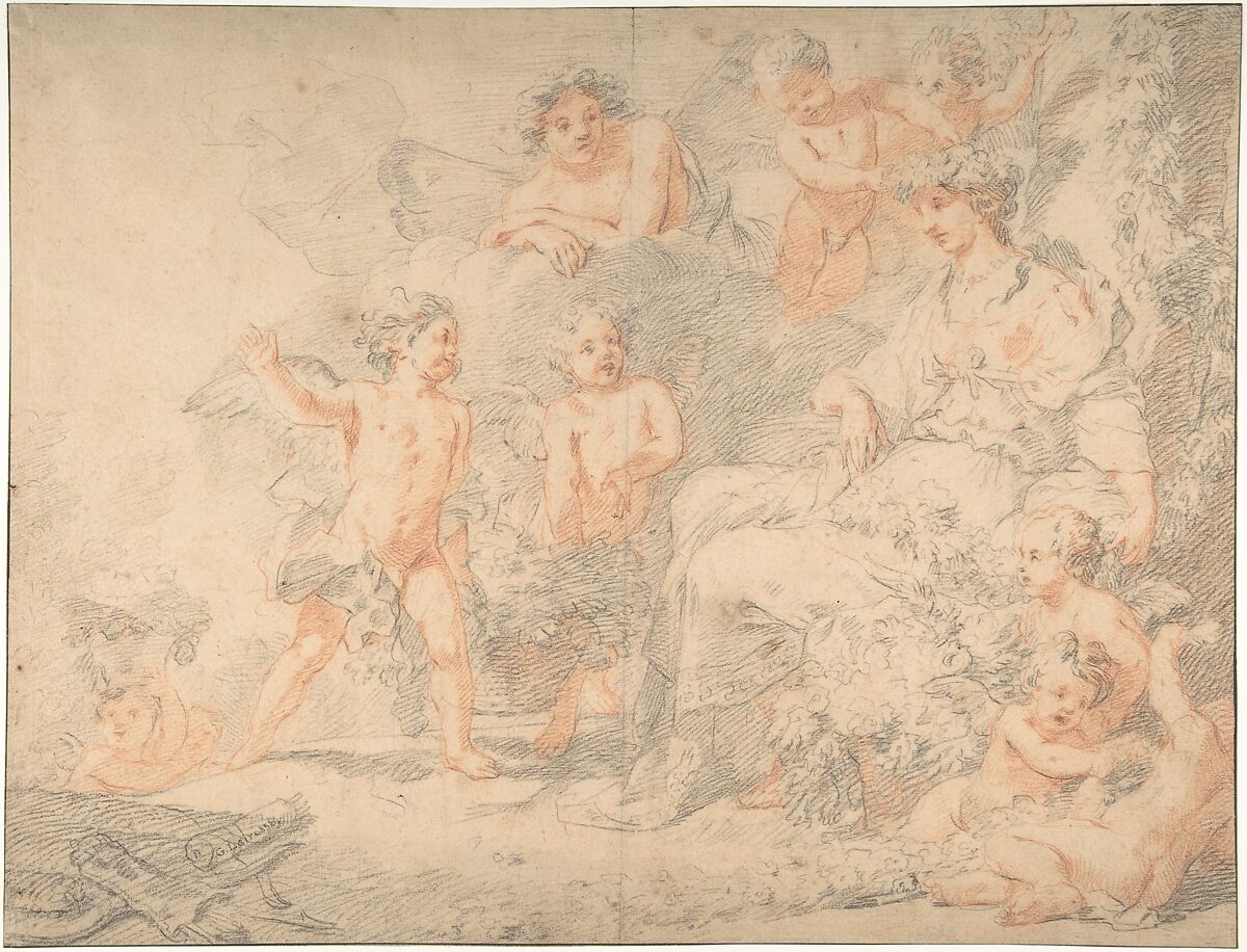 Mythological subject, After Gerard de Lairesse (Dutch, Liège 1641–1711 Amsterdam), black and red chalk on cream paper. Framing line in pen and black ink. 