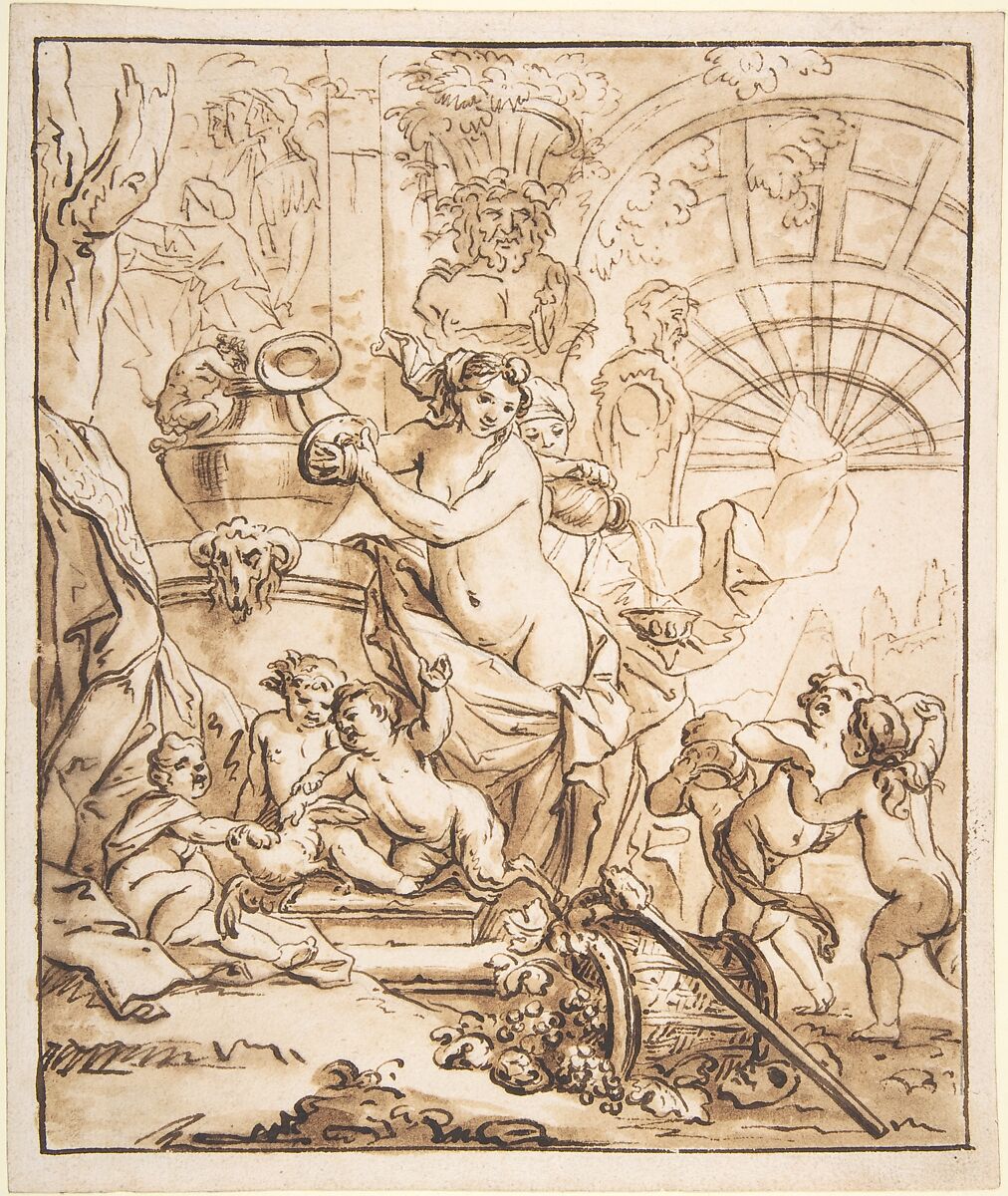 Bacchanalian Scene with Nymphs and Putti, Attributed to Gerard de Lairesse (Dutch, Liège 1641–1711 Amsterdam), Pen and brown ink, brown wash. 