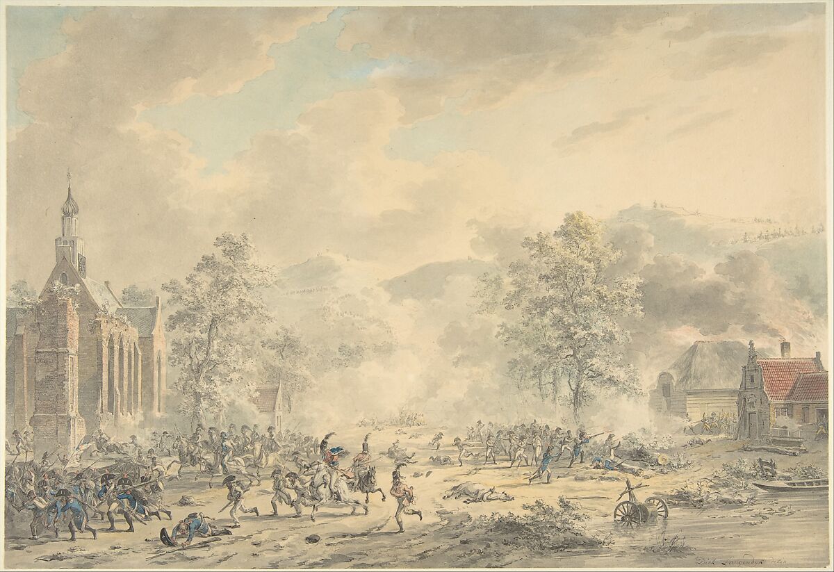Battle Scene with Church at left, Dirk Langendijk (Dutch, Rotterdam 1748–1805 Rotterdam), Watercolor 
