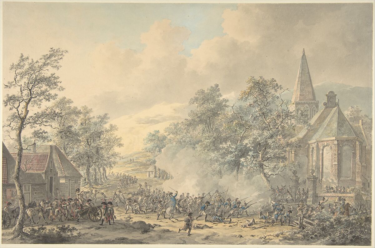 Battle Scene with Church at right, Dirk Langendijk (Dutch, Rotterdam 1748–1805 Rotterdam), Watercolor 