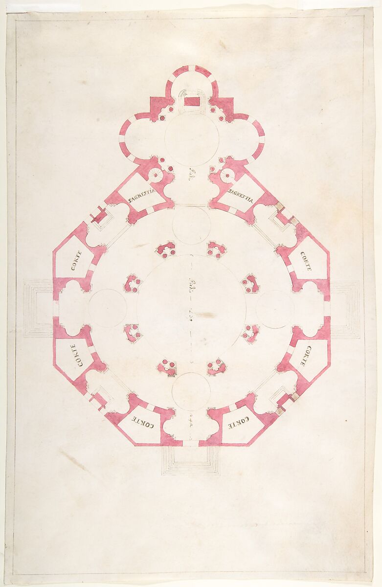 Design for a Church with a Central Octagonal Plan, Anonymous, Italian, 16th to early 17th century, Pen and light brown ink, brush with brown and pink watercolor, some brown wash (later retouching), on parchment; framing lines in pen and brown ink 