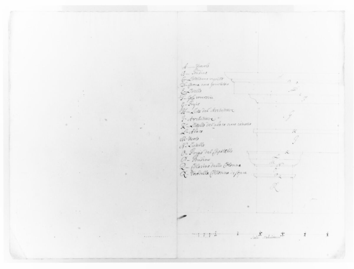Blown-up Detail of Design in Elevation for Colonnade in the Doric or Tuscan Order (recto); Blown-up Detail of Column on Podium in Elevation, Anonymous, Italian, Piedmontese, 18th century, Pen and brown ink over leadpoint; constructed with ruler or compass