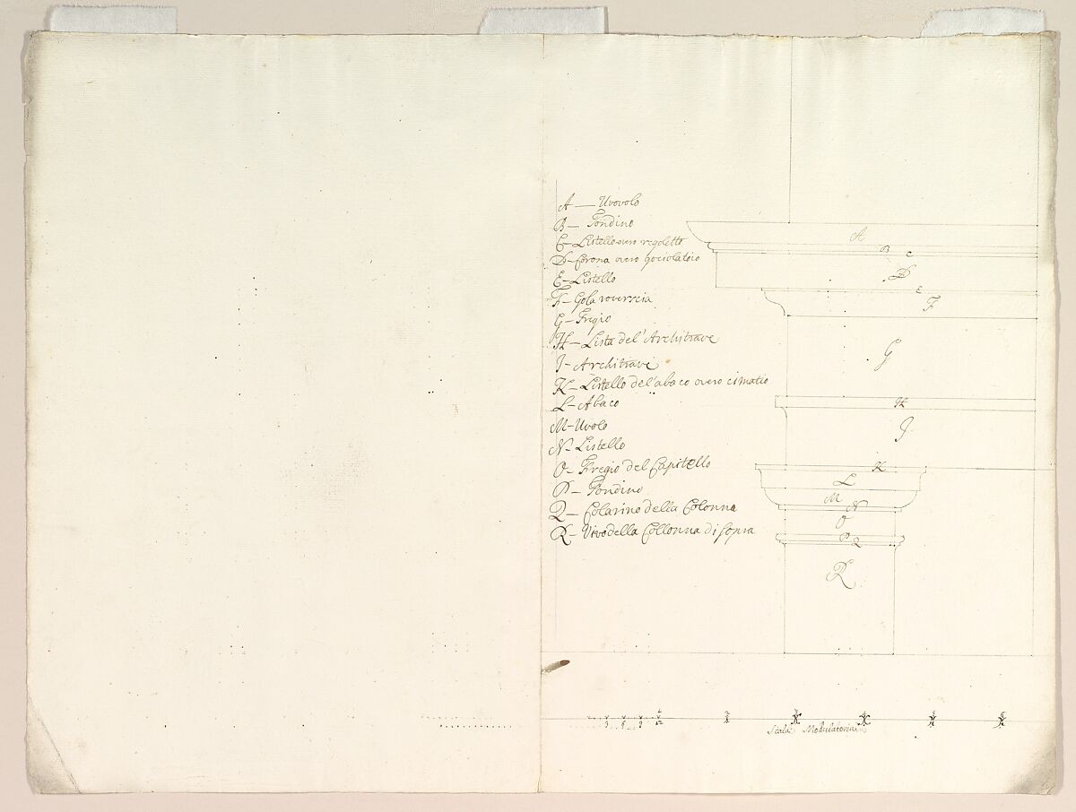 Blown-up Detail of Design in Elevation for Colonnade in the Doric or Tuscan Order (recto); Blown-up Detail of Column on Podium in Elevation, Anonymous, Italian, Piedmontese, 18th century, Pen and brown ink over leadpoint; constructed with ruler or compass 