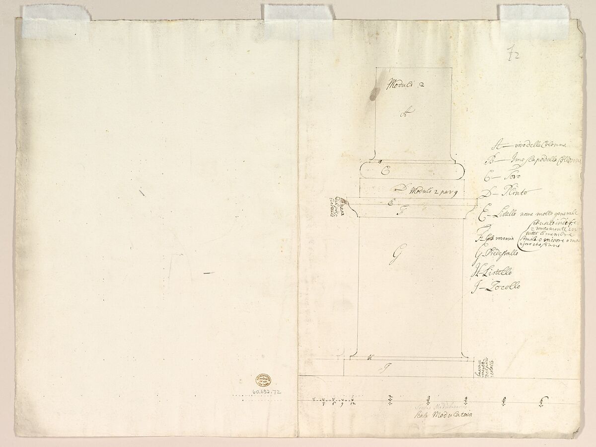 Blown-up Detail of Design in Elevation for Colonnade in the Doric or Tuscan Order (recto); Blown-up Detail of Column on Podium in Elevation, Anonymous, Italian, Piedmontese, 18th century, Pen and brown ink over leadpoint; constructed with ruler or compass