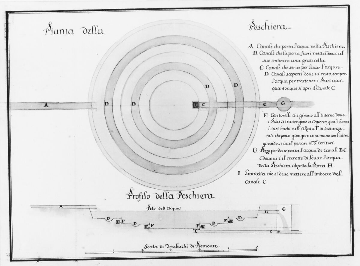 Design for a Fish-Pond in Plan and Section, Anonymous, Italian, Piedmontese, 18th century, Pen and black ink, over traces of graphite; brush with green and pink watercolor; framing lines in pen and ink