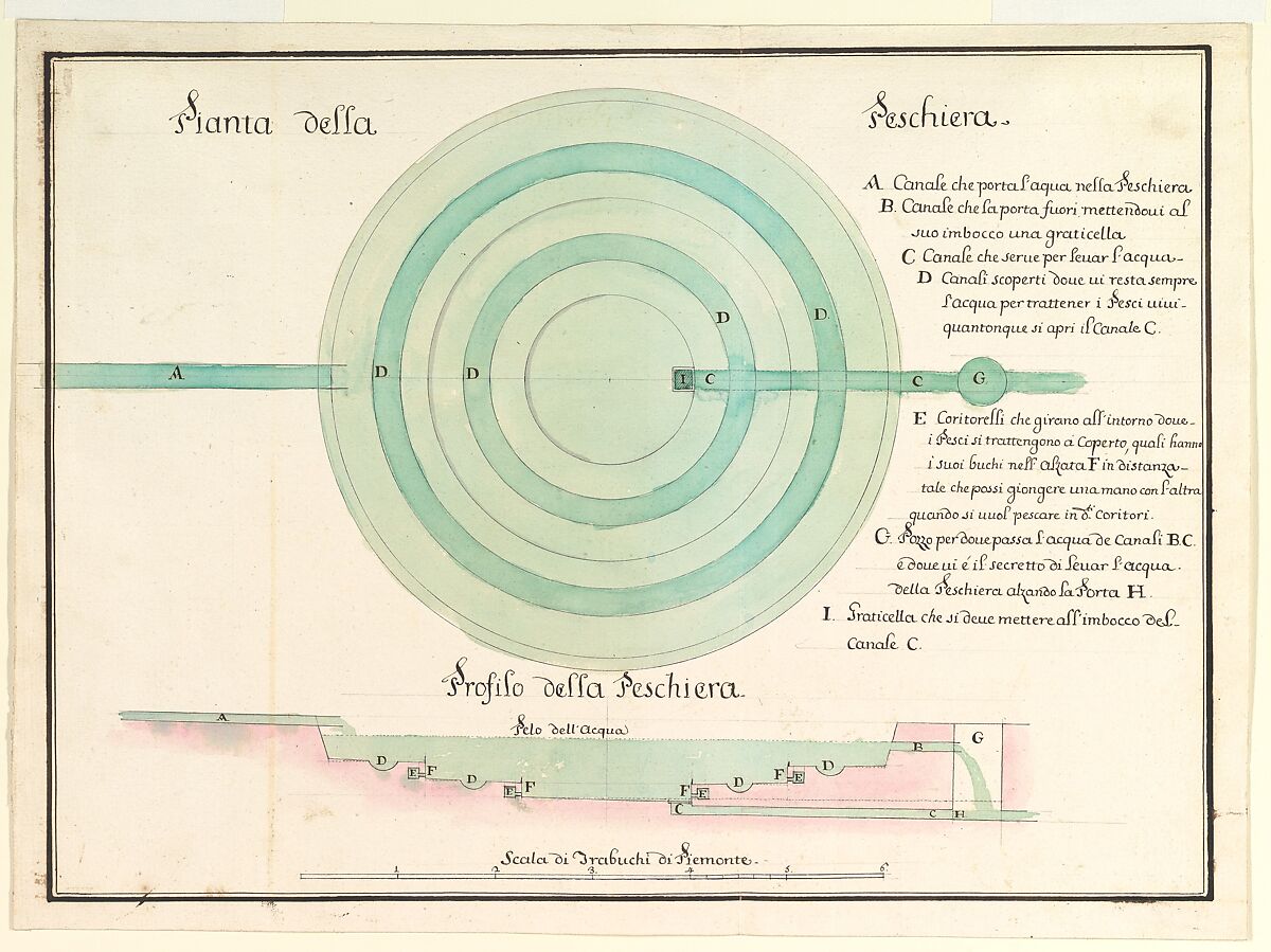 Design for a Fish-Pond in Plan and Section, Anonymous, Italian, Piedmontese, 18th century, Pen and black ink, over traces of graphite; brush with green and pink watercolor; framing lines in pen and ink 