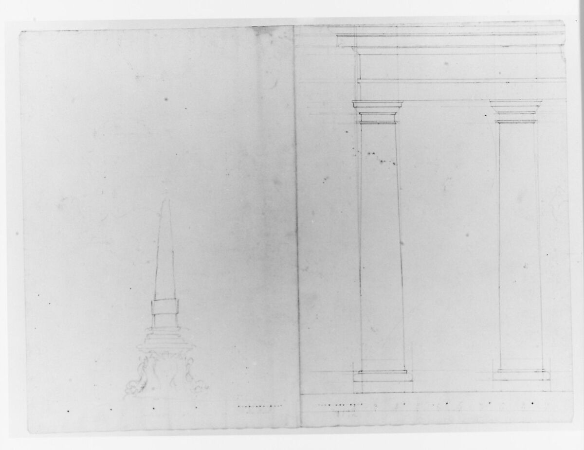 Design for an Obelisk; Partial Design in Elevation for Colonnade in the Doric or Tuscan Order (recto); Design for Fluted Column on Podium in Elevation (verso), Anonymous, Italian, Piedmontese, 18th century, Leadpoint or graphite; pen and brown ink over graphite; constructed with ruler and compass (recto); pen and brown ink over leadpoint or graphite; constructed with ruler or compass (verso)