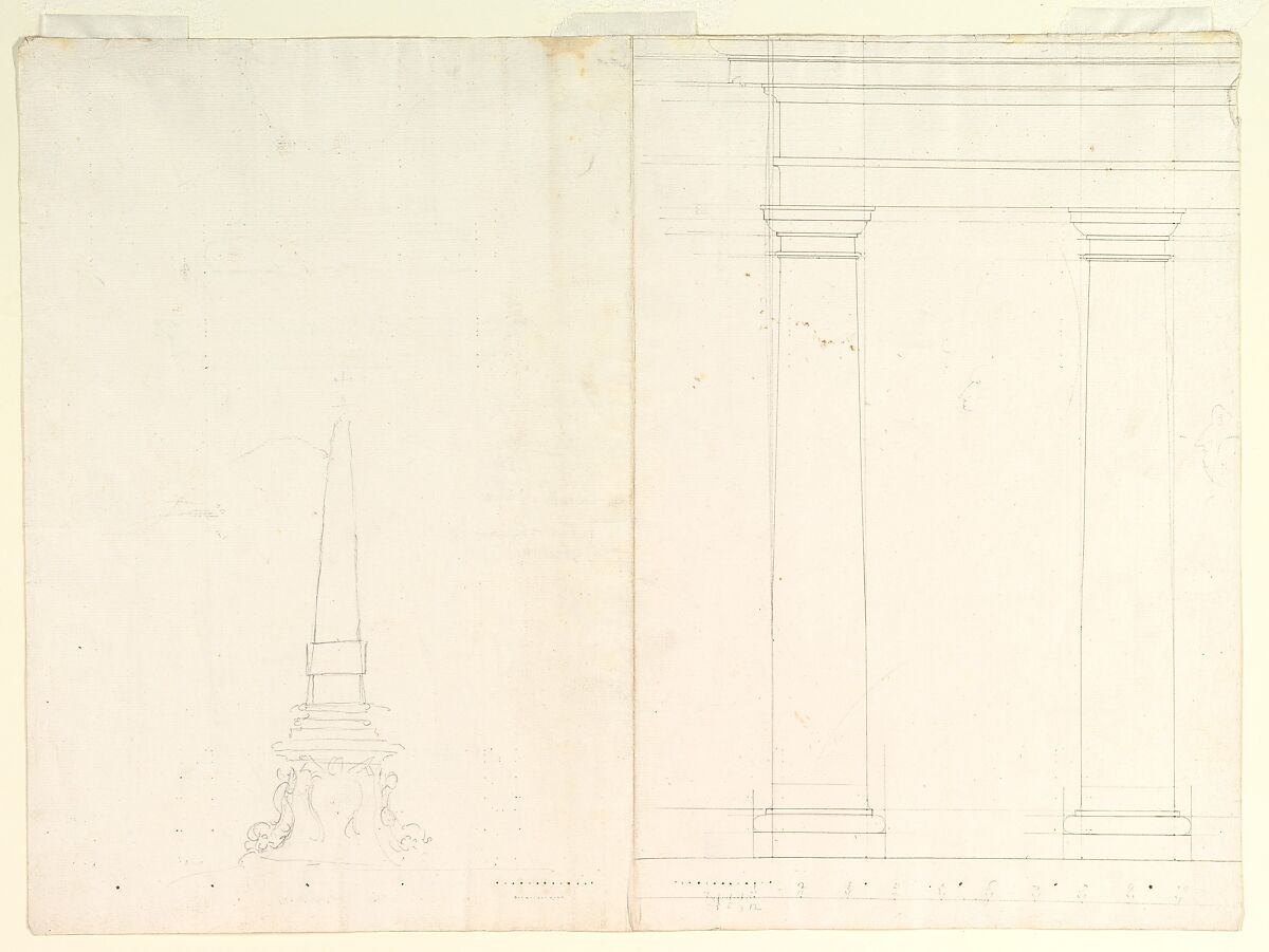 Design for an Obelisk; Partial Design in Elevation for Colonnade in the Doric or Tuscan Order (recto); Design for Fluted Column on Podium in Elevation (verso), Anonymous, Italian, Piedmontese, 18th century, Leadpoint or graphite; pen and brown ink over graphite; constructed with ruler and compass (recto); pen and brown ink over leadpoint or graphite; constructed with ruler or compass (verso) 