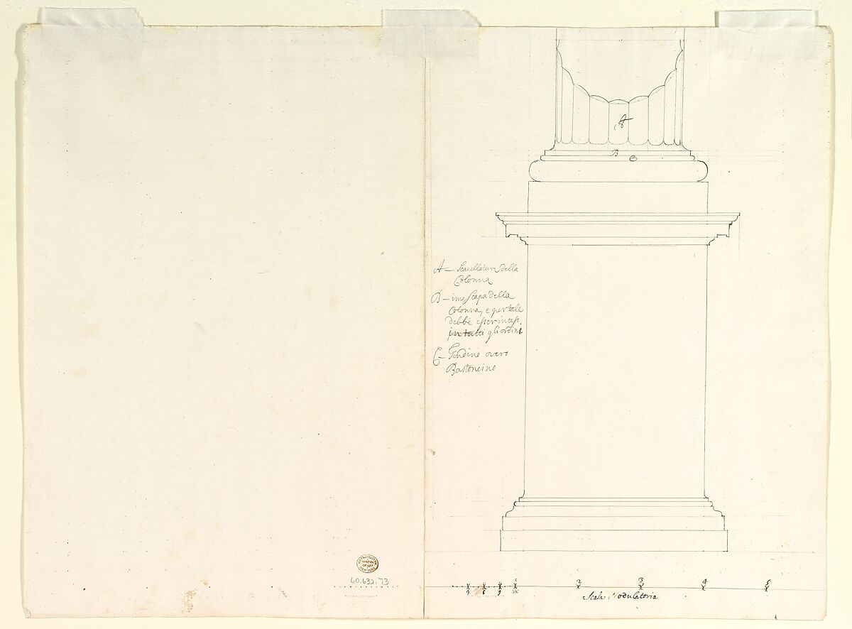 Design for an Obelisk; Partial Design in Elevation for Colonnade in the Doric or Tuscan Order (recto); Design for Fluted Column on Podium in Elevation (verso), Anonymous, Italian, Piedmontese, 18th century, Leadpoint or graphite; pen and brown ink over graphite; constructed with ruler and compass (recto); pen and brown ink over leadpoint or graphite; constructed with ruler or compass (verso)