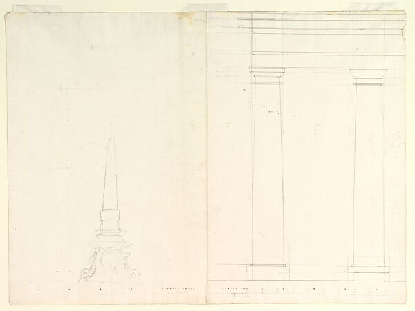 Design for an Obelisk; Partial Design in Elevation for Colonnade in the Doric or Tuscan Order (recto); Design for Fluted Column on Podium in Elevation (verso)