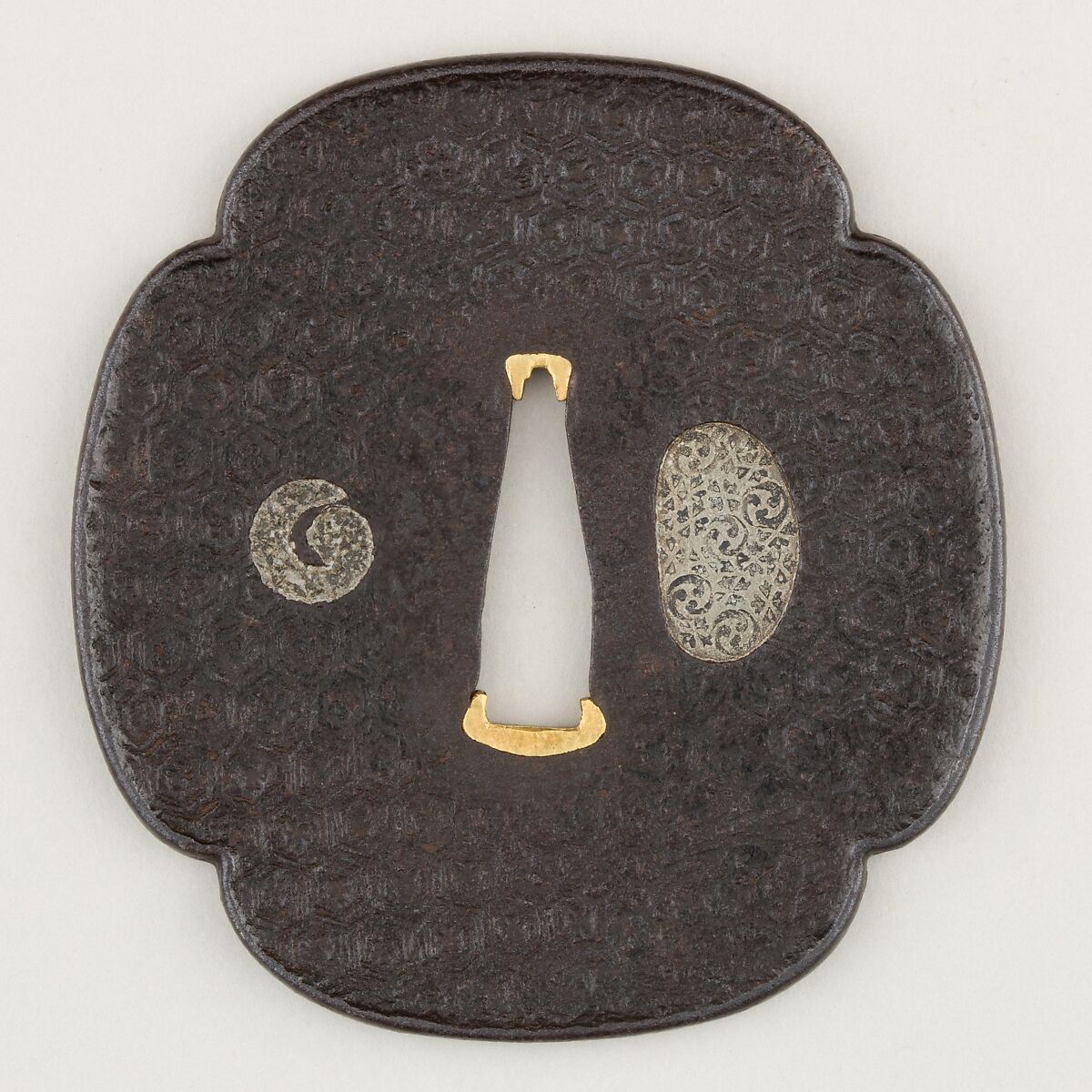 Sword Guard (Tsuba), Inscribed by Nobuiye Myōchin (Japanese, ca. 1504–1554), Iron, lead, gold, Japanese