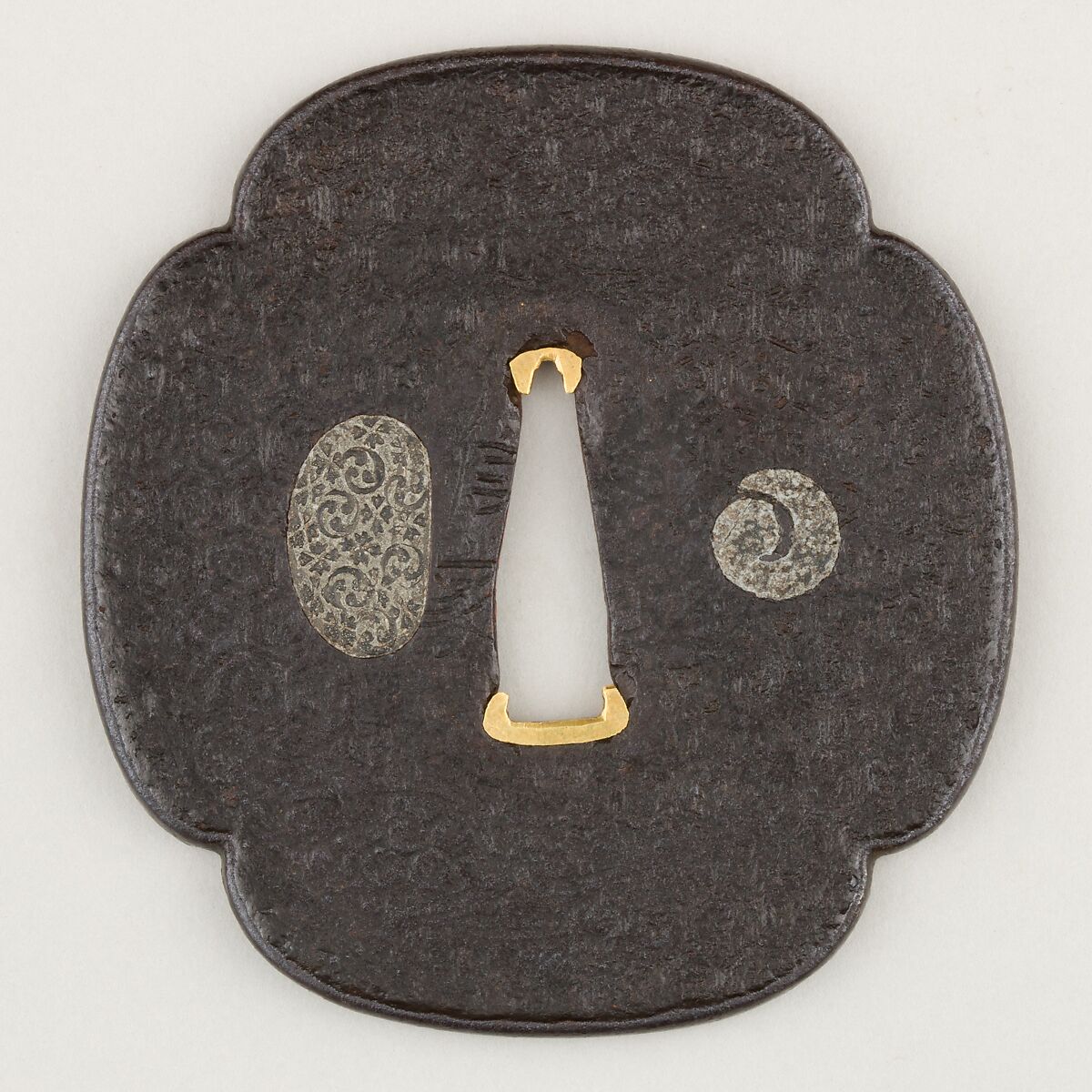 Sword Guard (Tsuba), Inscribed by Nobuiye Myōchin (Japanese, ca. 1504–1554), Iron, lead, gold, Japanese 