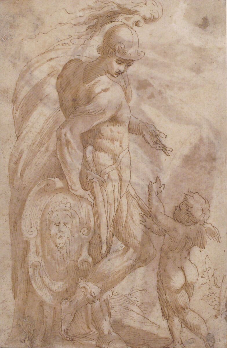Mars and Cupid (recto); Female Standing Figure with a Helmet and a Shield (Bellona?) (verso), Andrea Schiavone (Andrea Meldola) (Italian, Zadar (Zara) ca. 1510?–1563 Venice), Pen and brown ink, brush and brown wash (recto and verso); possible traces of black chalk underdrawing