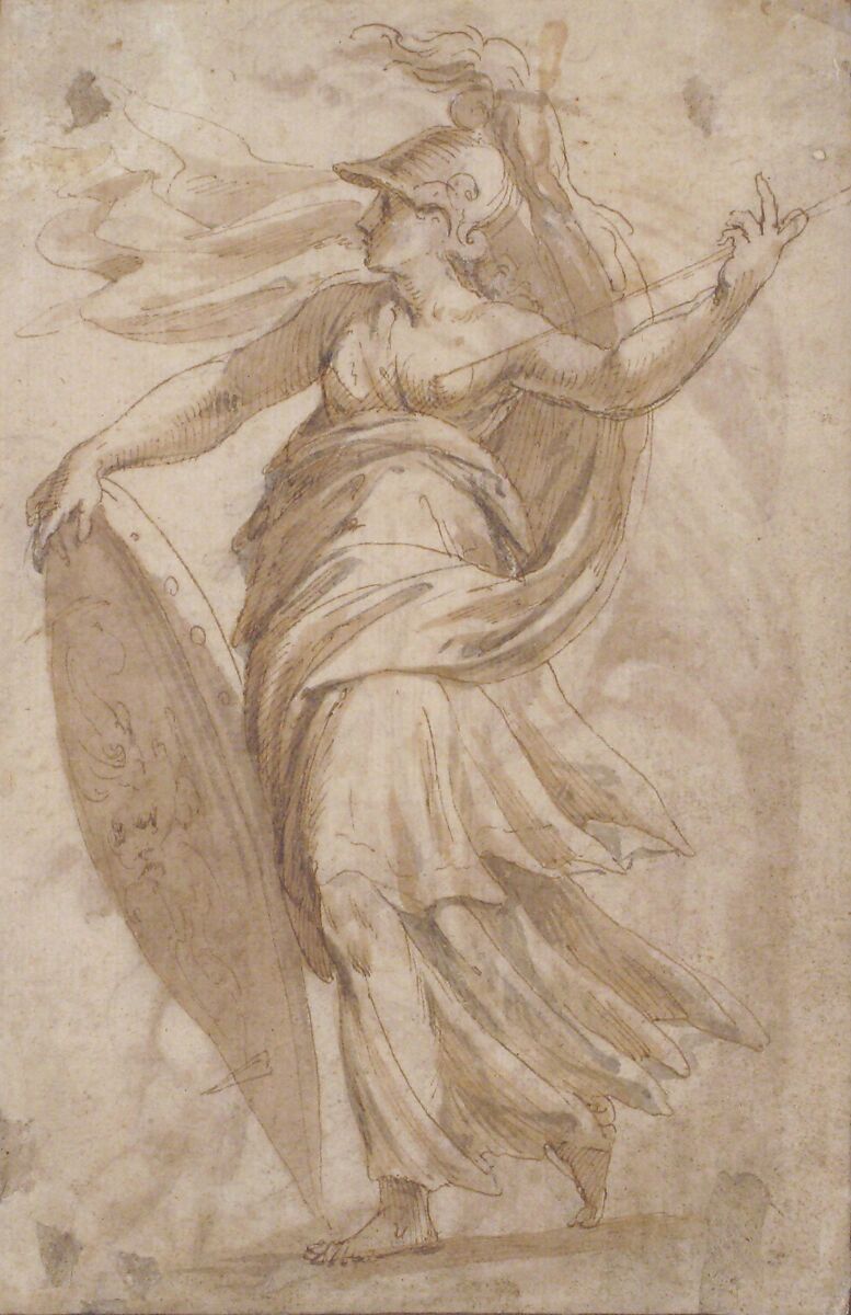 Mars and Cupid (recto); Female Standing Figure with a Helmet and a Shield (Bellona?) (verso), Andrea Schiavone (Andrea Meldola) (Italian, Zadar (Zara) ca. 1510?–1563 Venice), Pen and brown ink, brush and brown wash (recto and verso); possible traces of black chalk underdrawing