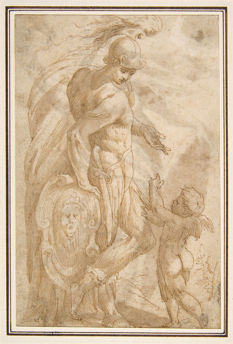 Mars and Cupid (recto); Female Standing Figure with a Helmet and a Shield (Bellona?) (verso), Andrea Schiavone (Andrea Meldola) (Italian, Zadar (Zara) ca. 1510?–1563 Venice), Pen and brown ink, brush and brown wash (recto and verso); possible traces of black chalk underdrawing 