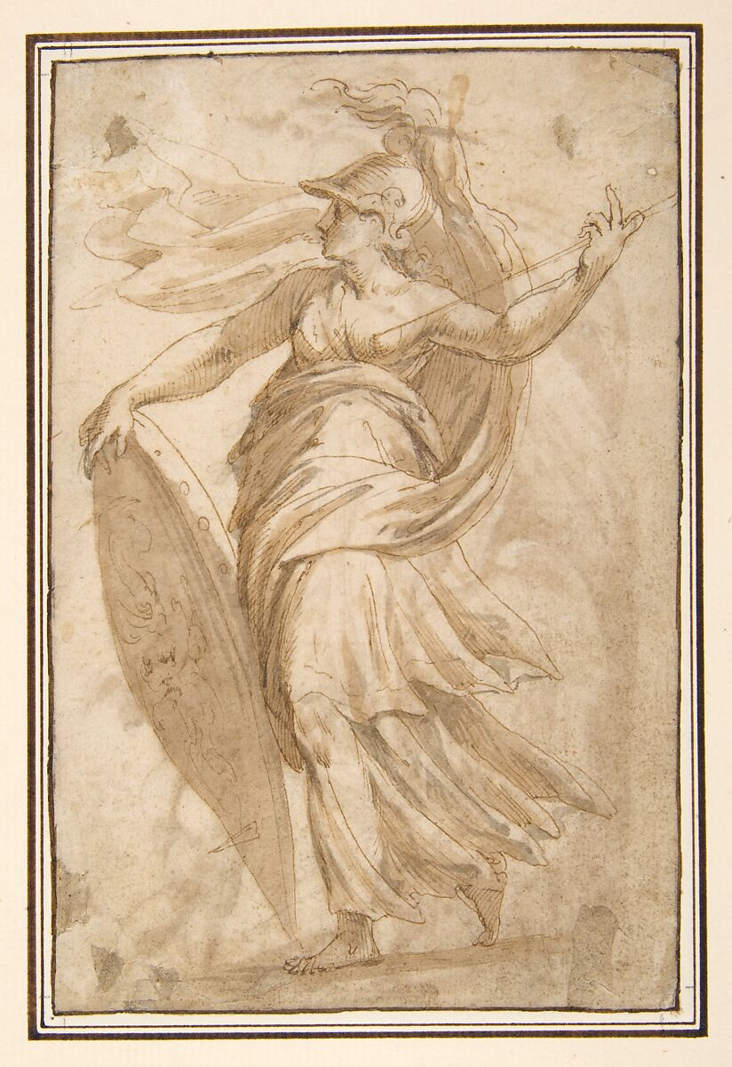 Mars and Cupid (recto); Female Standing Figure with a Helmet and a Shield (Bellona?) (verso), Andrea Schiavone (Andrea Meldola) (Italian, Zadar (Zara) ca. 1510?–1563 Venice), Pen and brown ink, brush and brown wash (recto and verso); possible traces of black chalk underdrawing